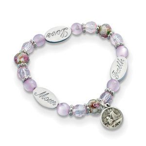 Silver-tone Purple Glass Beads Love Faith Mom w Guardian Angel Dangle Bracelet